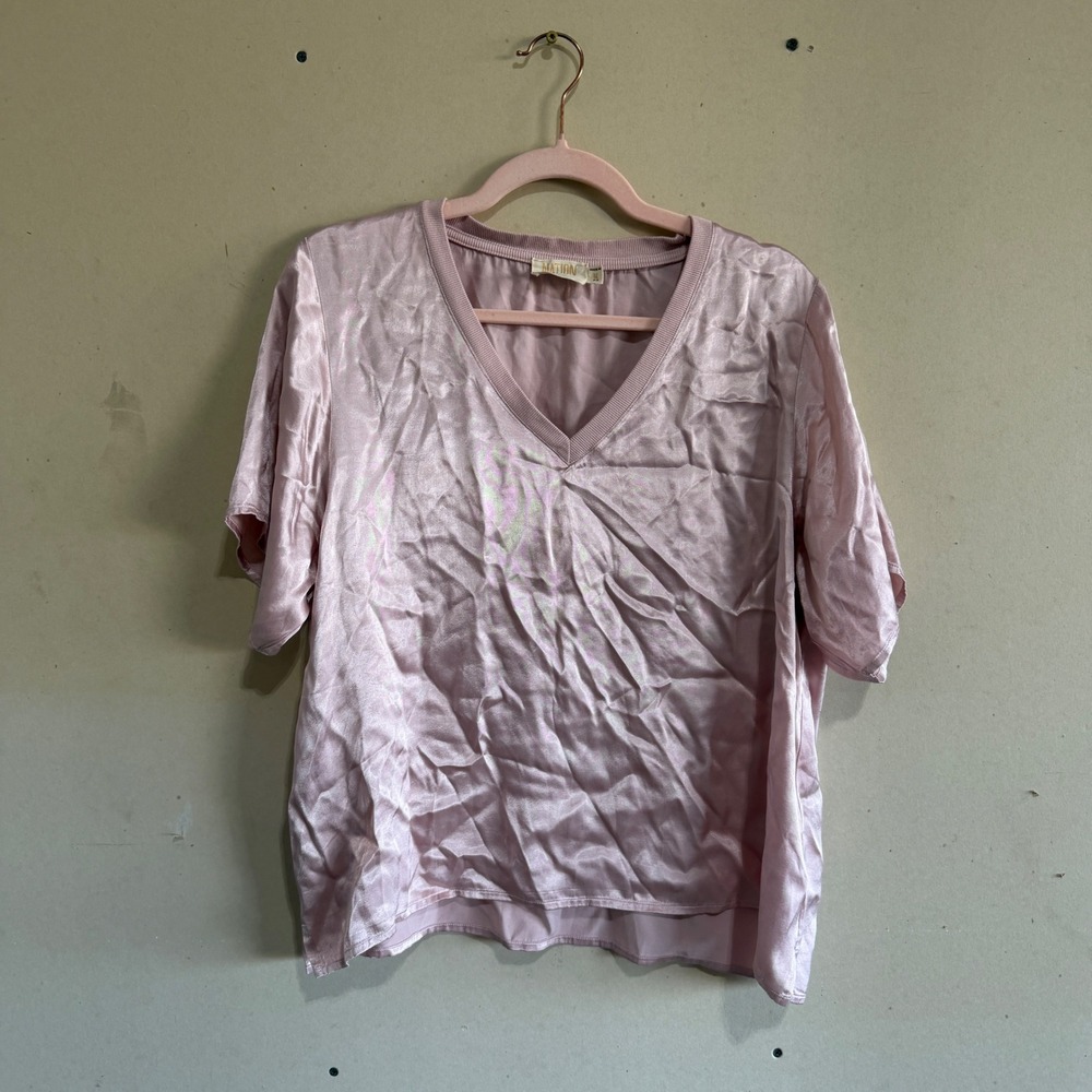 Nation LTD Los Angeles Pink Satin V-Neck Short Sleeve Blouse Top Medium